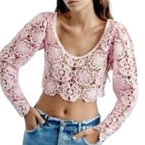 Zara pink knit crochet top blouse cropped size L.